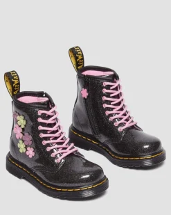 Dr. Martens Boots 1460 à Paillettes, Appliqué Fleur Et Lacets Pour Tout-petit Black+Multi — Coated Glitter Pu+Athena New