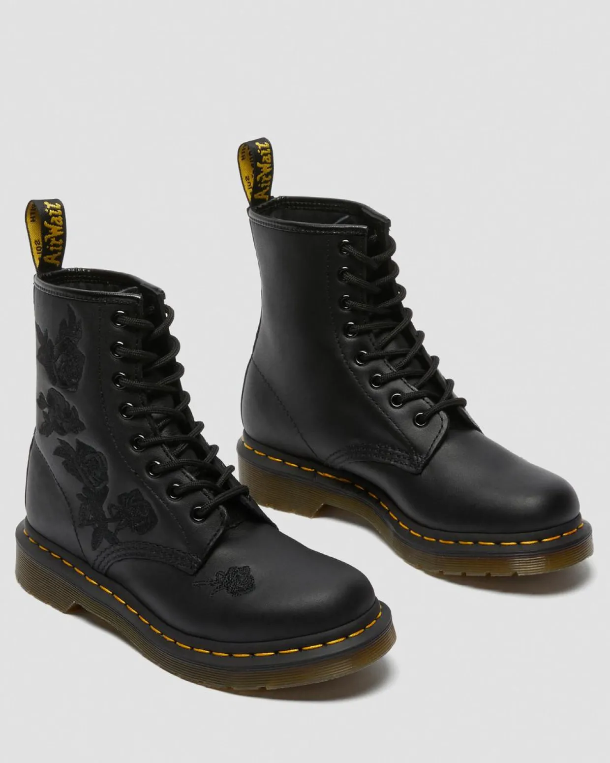 Dr. Martens Boots 1460 Vonda Mono Floral Rose En Cuir à Lacets Noir — Softy T Outlet