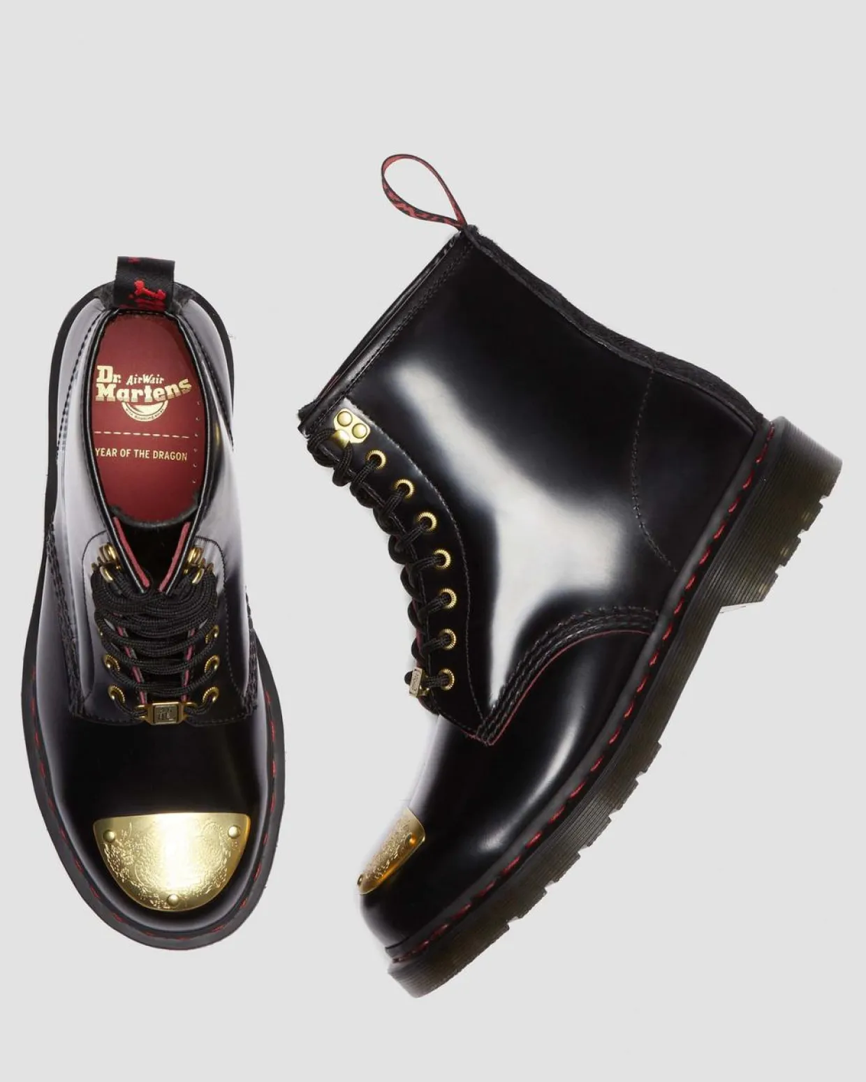 Dr. Martens Boots 1460 Year Of The Dragon En Cuir à Lacets Black+Red+Black — Smooth Slice+Hair On Best