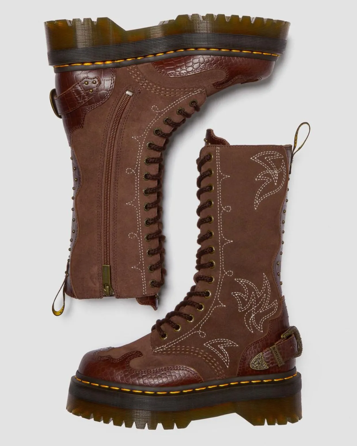 Dr. Martens Boots Plateformes 1B99 Gothic Americana En Cuir Dark Brown — Classic Pull Up Reptile Emboss+ E.H.Suede Cheap