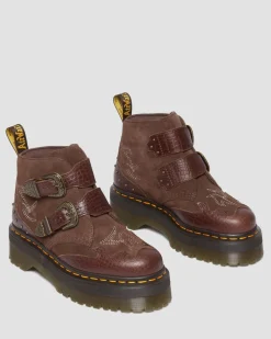Dr. Martens Boots Plateformes Devon Gothic Americana En Cuir Dark Brown — Classic Pull Up Reptile Emboss+ E.H.Suede Fashion