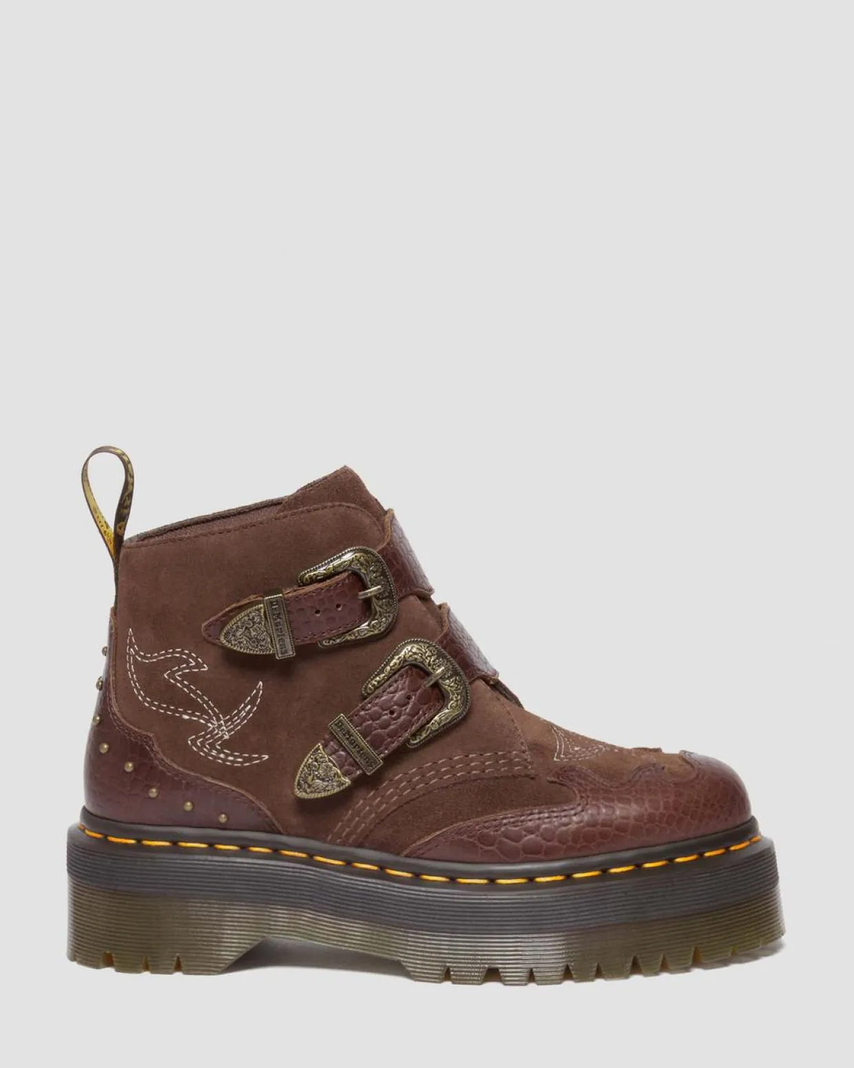 Dr. Martens Boots Plateformes Devon Gothic Americana En Cuir Dark Brown — Classic Pull Up Reptile Emboss+ E.H.Suede Fashion