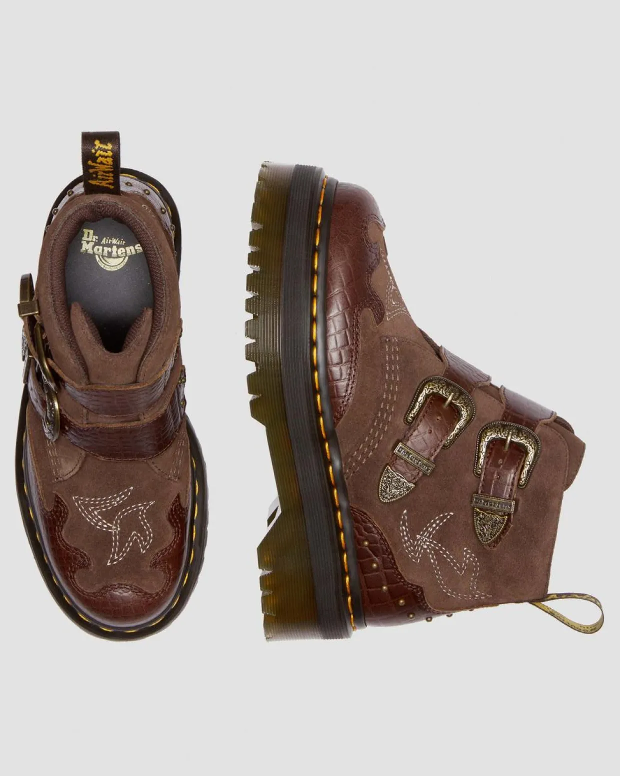 Dr. Martens Boots Plateformes Devon Gothic Americana En Cuir Dark Brown — Classic Pull Up Reptile Emboss+ E.H.Suede Fashion