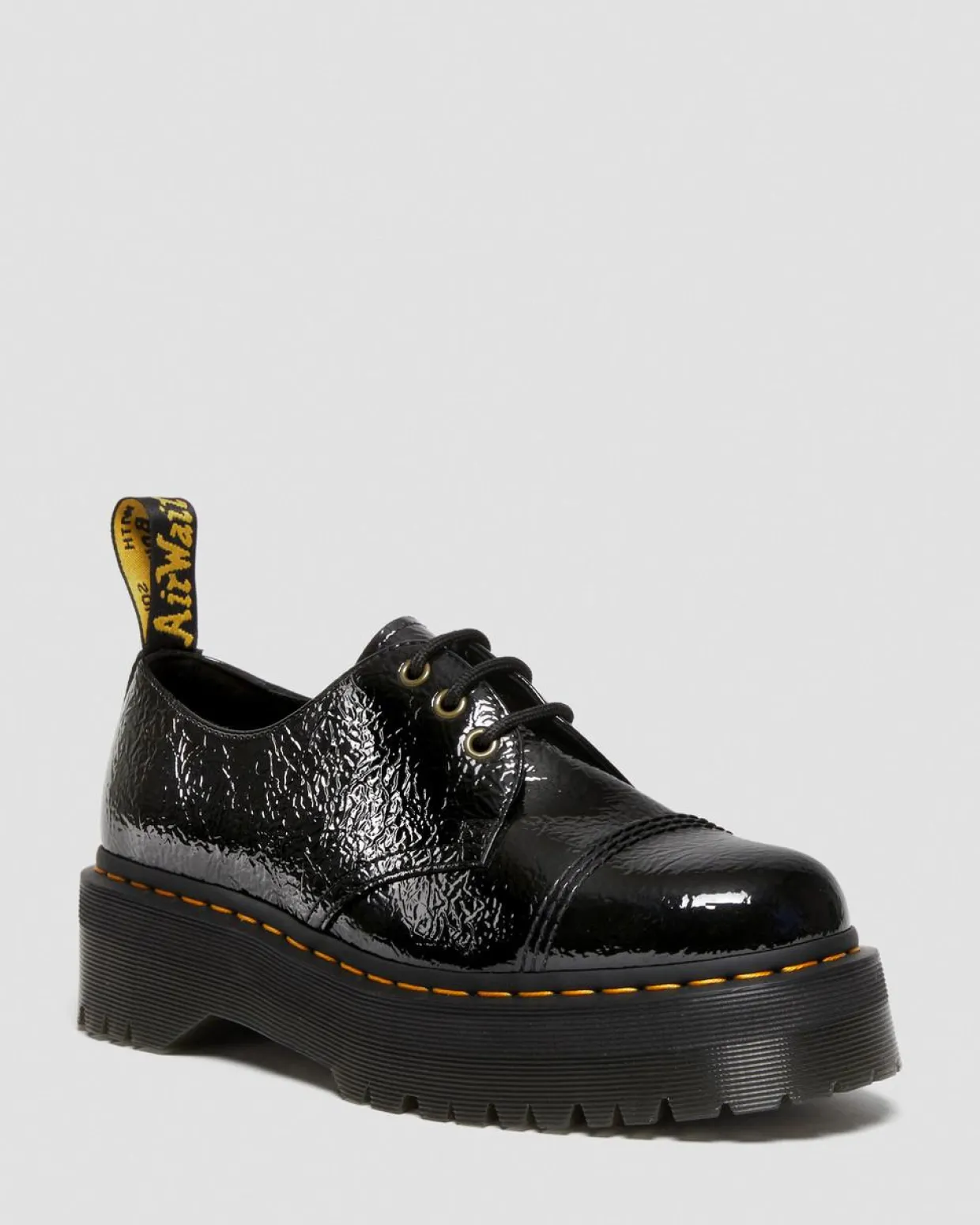 Dr. Martens Chaussures Plateformes 1461 Quad En Cuir Verni Noir — Distressed Patent Discount