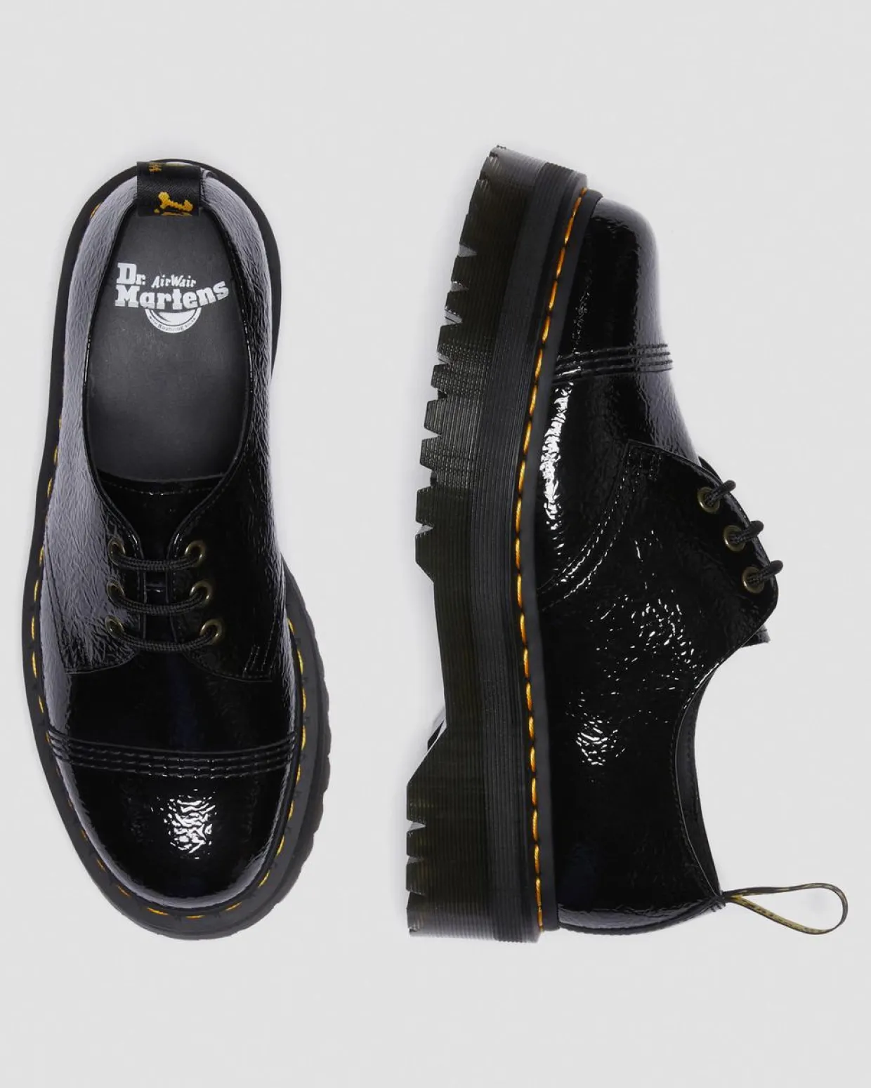 Dr. Martens Chaussures Plateformes 1461 Quad En Cuir Verni Noir — Distressed Patent Discount
