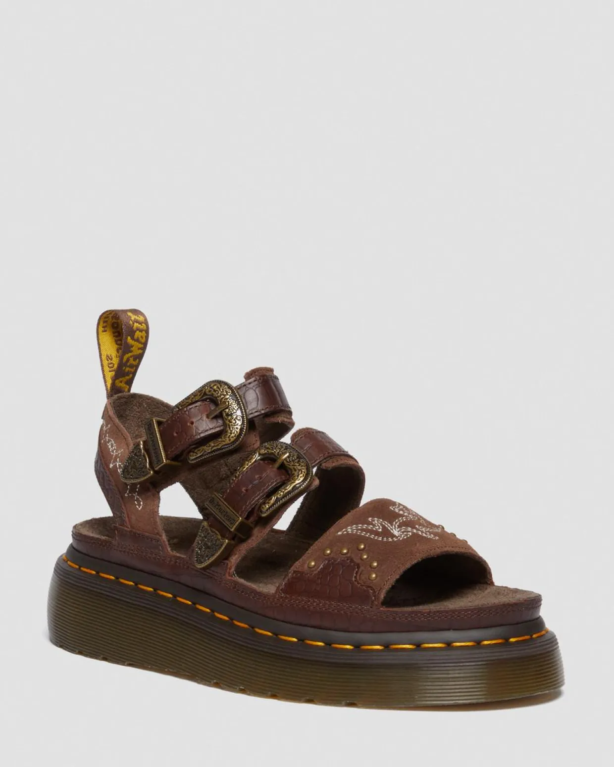 Dr. Martens Sandales Plateformes Gryphon Gothic Americana En Cuir Dark Brown — Classic Pull Up Reptile Emboss+ E.H.Suede Sale