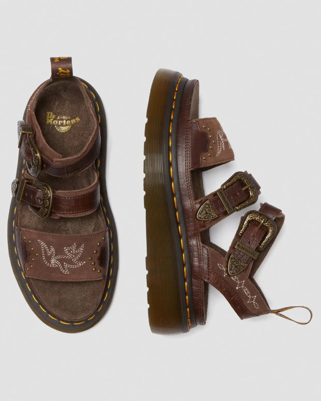 Dr. Martens Sandales Plateformes Gryphon Gothic Americana En Cuir Dark Brown — Classic Pull Up Reptile Emboss+ E.H.Suede Sale