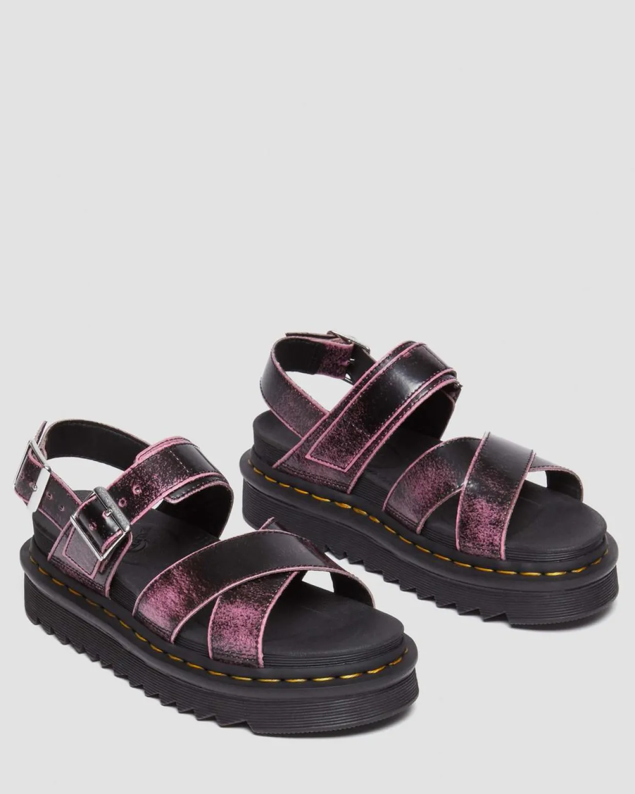 Dr. Martens Sandales Plateformes Voss II En Cuir Effet Vieilli Black+Fondant Pink — Two Tone Rub Off Hot