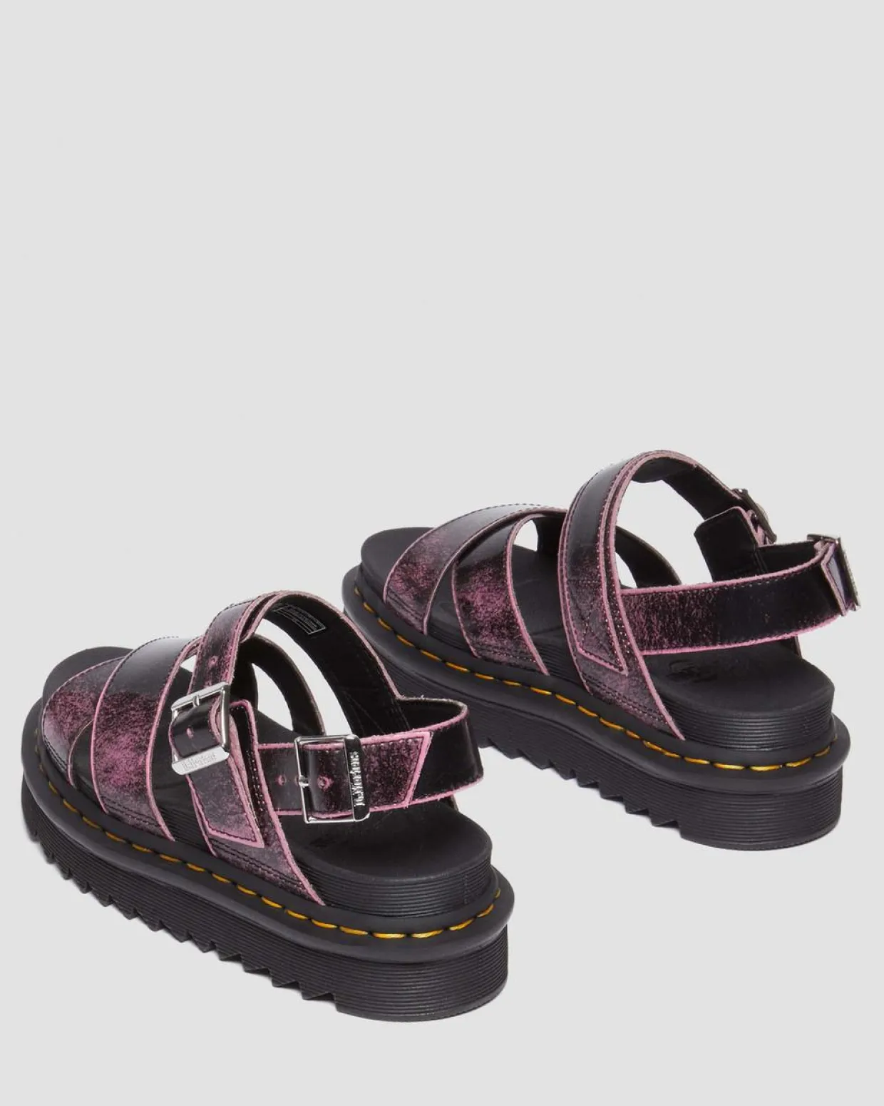 Dr. Martens Sandales Plateformes Voss II En Cuir Effet Vieilli Black+Fondant Pink — Two Tone Rub Off Hot