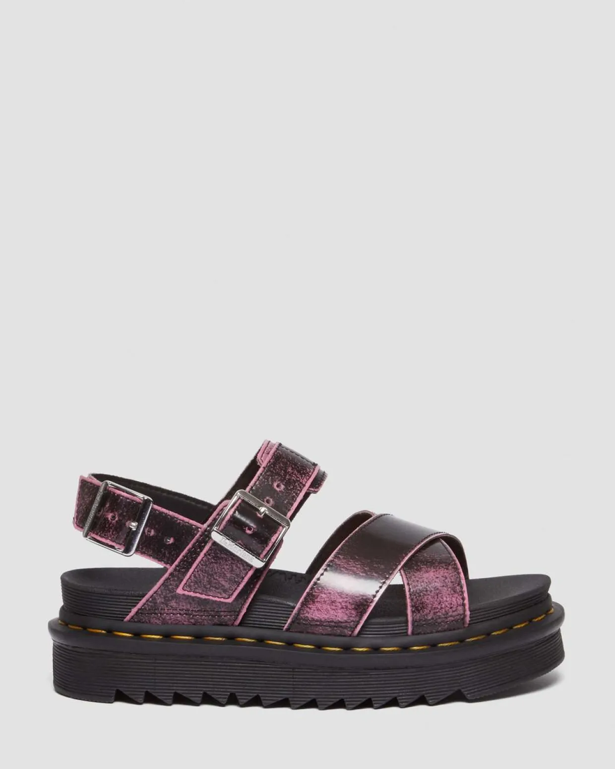Dr. Martens Sandales Plateformes Voss II En Cuir Effet Vieilli Black+Fondant Pink — Two Tone Rub Off Hot
