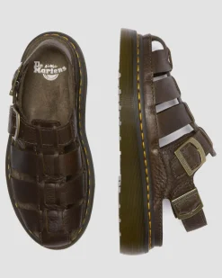 Dr. Martens Sandales Wrenlie Fisherman En Cuir Grizzly Marron foncé — Grizzly Discount